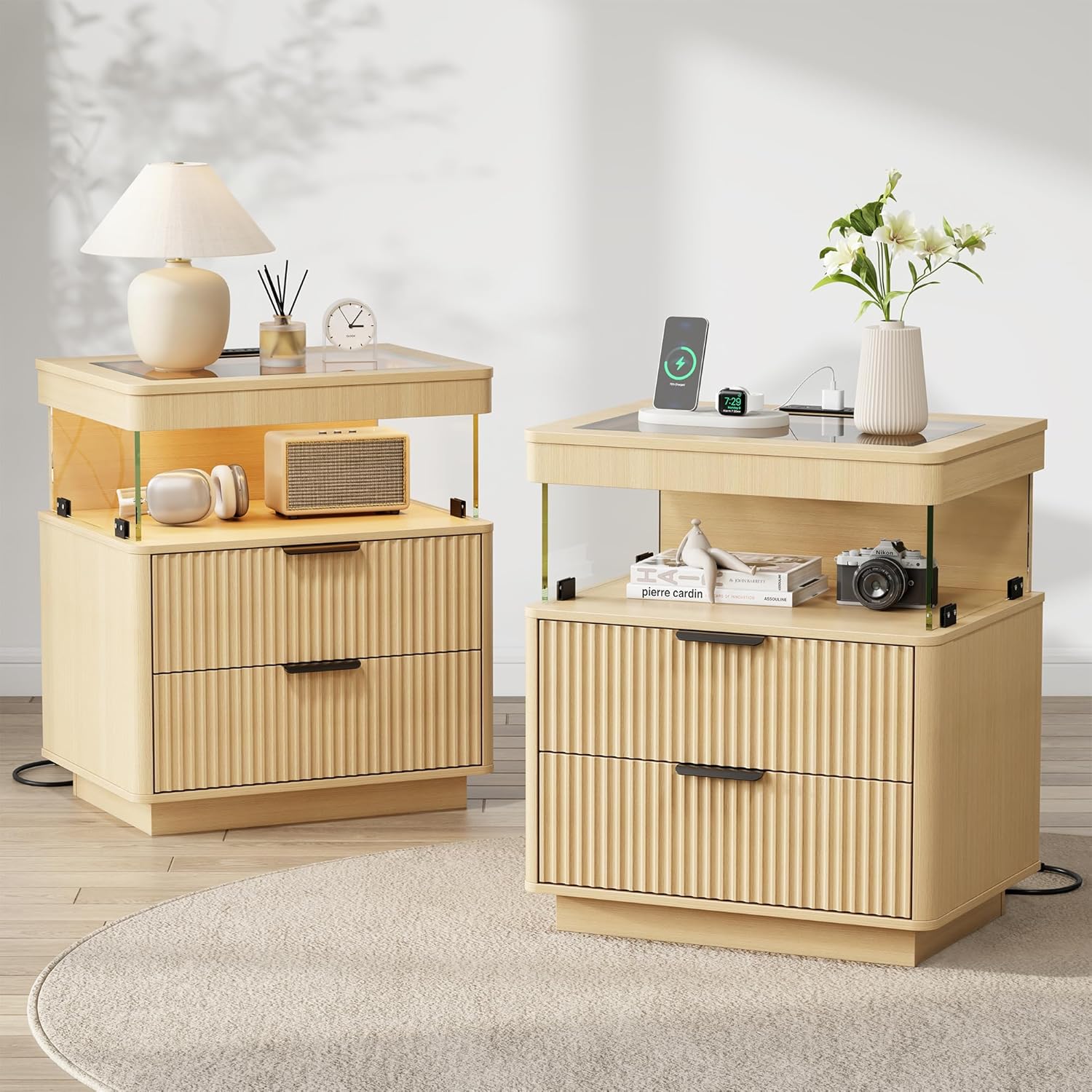 IRONCK Fluted Nightstands Set of 2, Night Stand with Charging Station & LED Light, 2 Drawer Wood Bedside Table with Tempered Glass Top & Open Shelf, Side Table, End Table for Bedroom, Oak