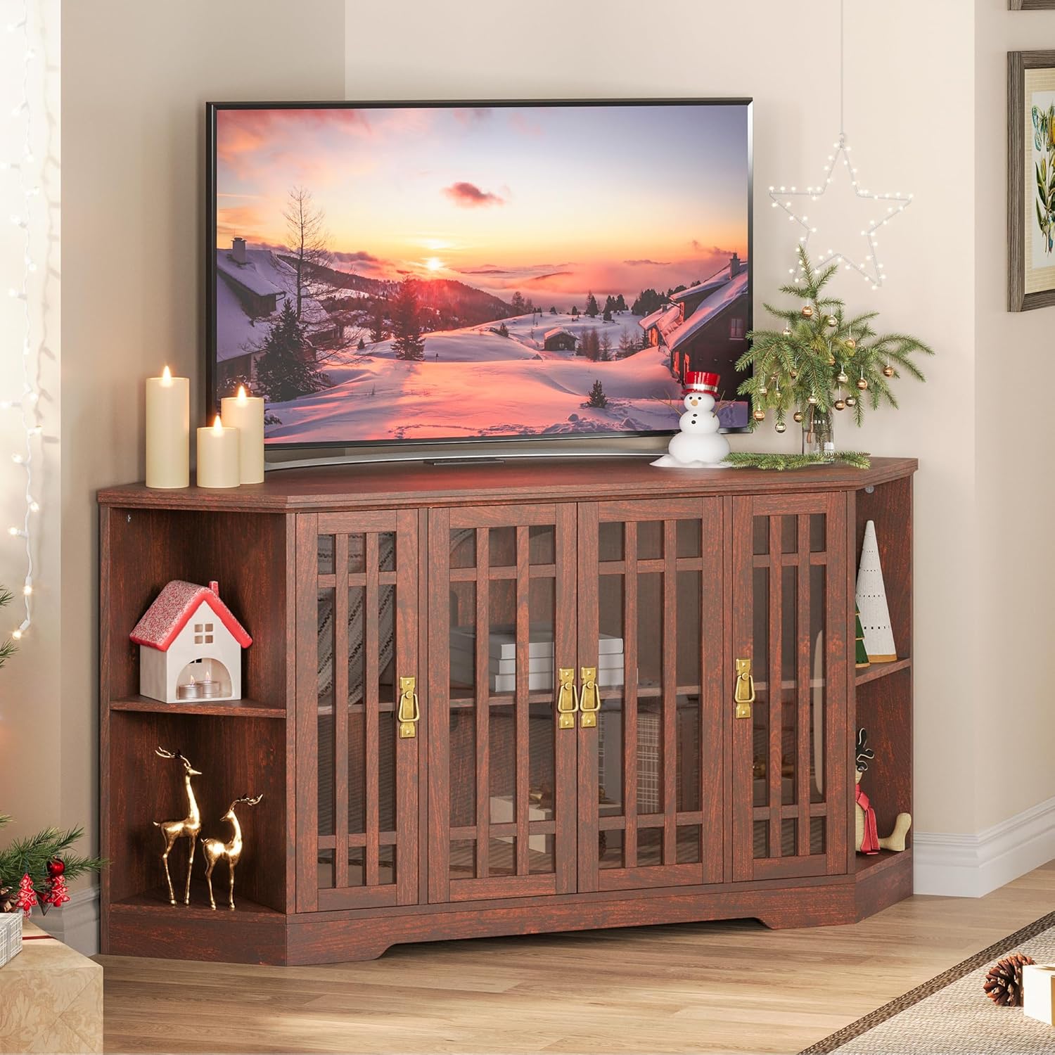 IRONCK Corner TV Stand  with Power Outlet for TVs up to 60 Inch, Red Walnut