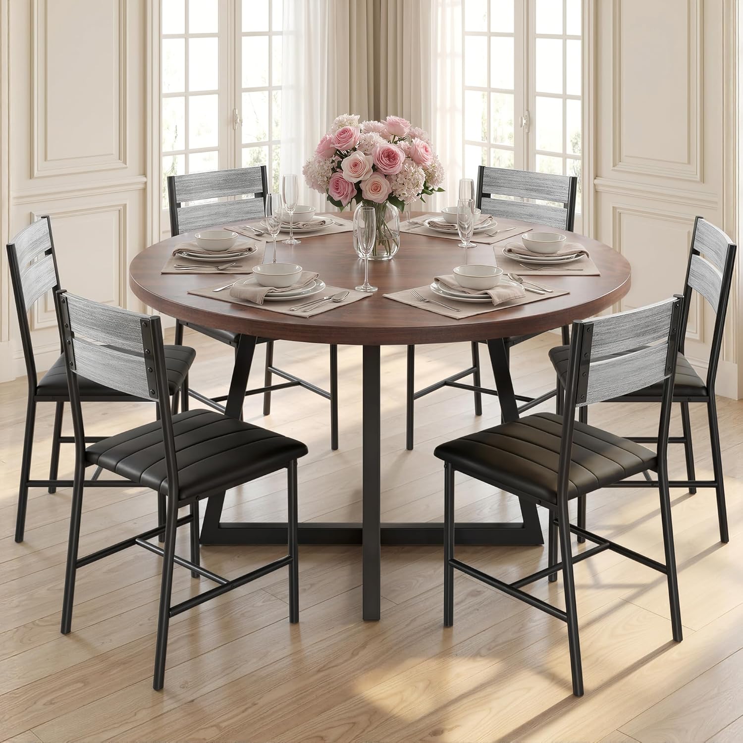 IRONCK Dining Chairs Set of 6, Upholstered Kitchen Chairs with Ergonomic Backrest, Gray