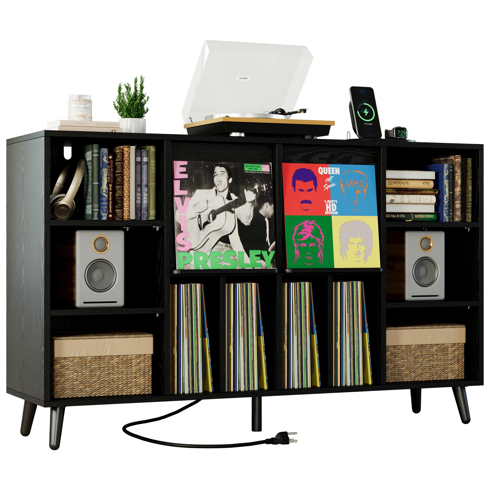 IRONCK Large Record Player Stand 55" with Charging Station, Black