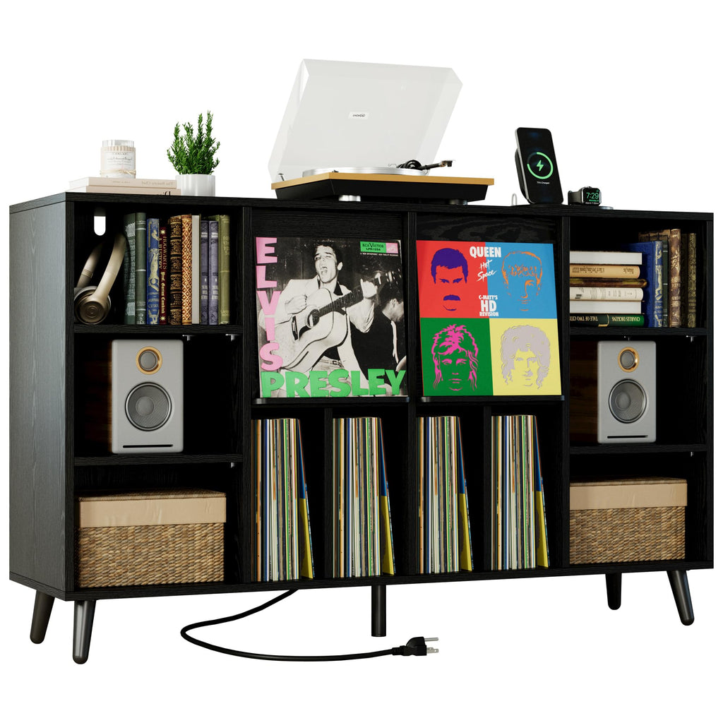 IRONCK Large Record Player Stand 55" with Charging Station, Brown