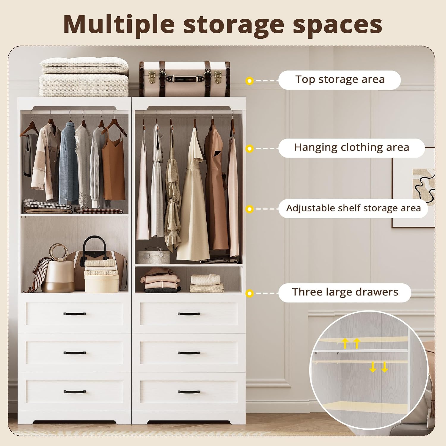 IRONCK Freestanding Closet System with Adjustable Shelves & 3 Drawers | Closet Organizer with Hanging Rod, Ideal for Bedrooms, Apartments and Small Closet Storage, 23.6" White