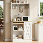 IRONCK Bakers Rack with Pull-Out Shelf and Power Outlet, White | Microwave Stand with Storage, Coffee Bar Cabinet with Adjustable Shelves, Barn Door Pantry Cabinet for Kitchen Dining Room