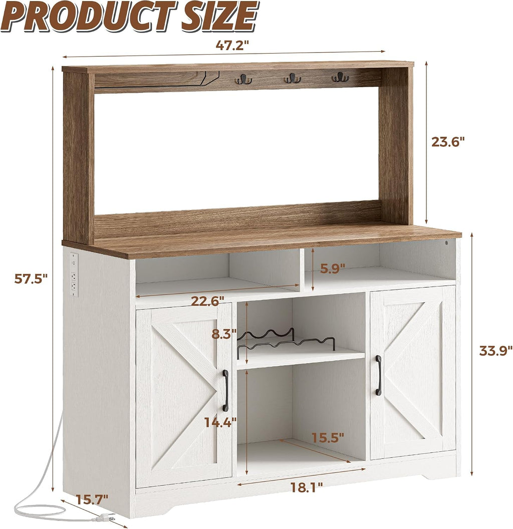 IRONCK 58" Farmhouse Coffee Bar Cabinet with Storage & Power Outlets, White