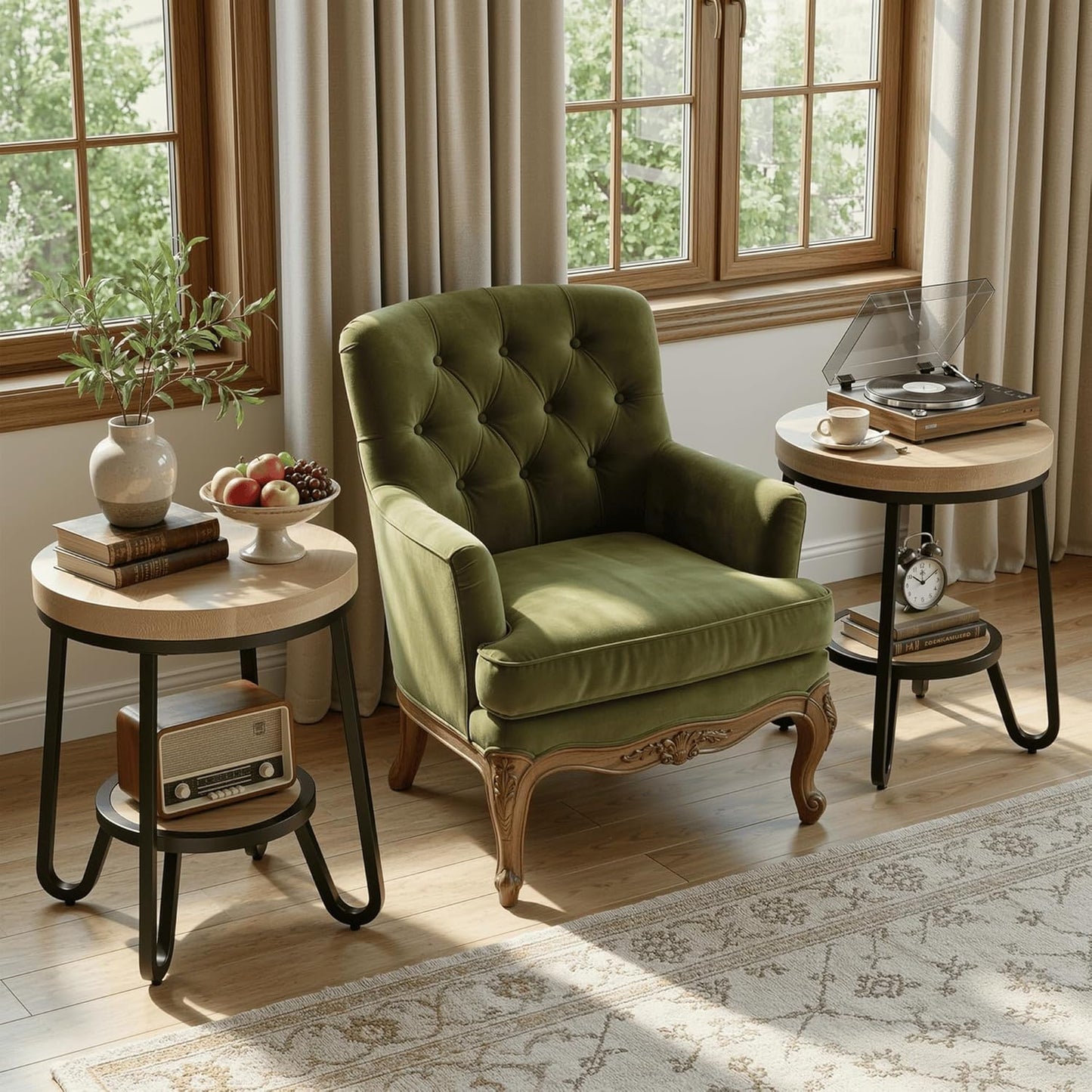 IRONCK 19.7" 2 Tier Round Side Table, Curved Metal Legs, Light Brown