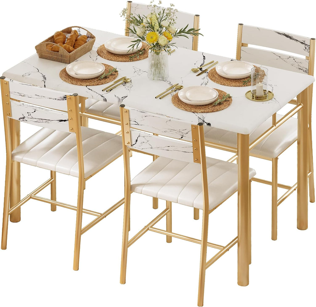 IRONCK Wood Dining Table Set, Wood Kitchen Table with Upholstered Chairs