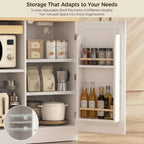 IRONCK Bakers Rack with Pull-Out Shelf and Power Outlet, White | Microwave Stand with Storage, Coffee Bar Cabinet with Adjustable Shelves, Barn Door Pantry Cabinet for Kitchen Dining Room