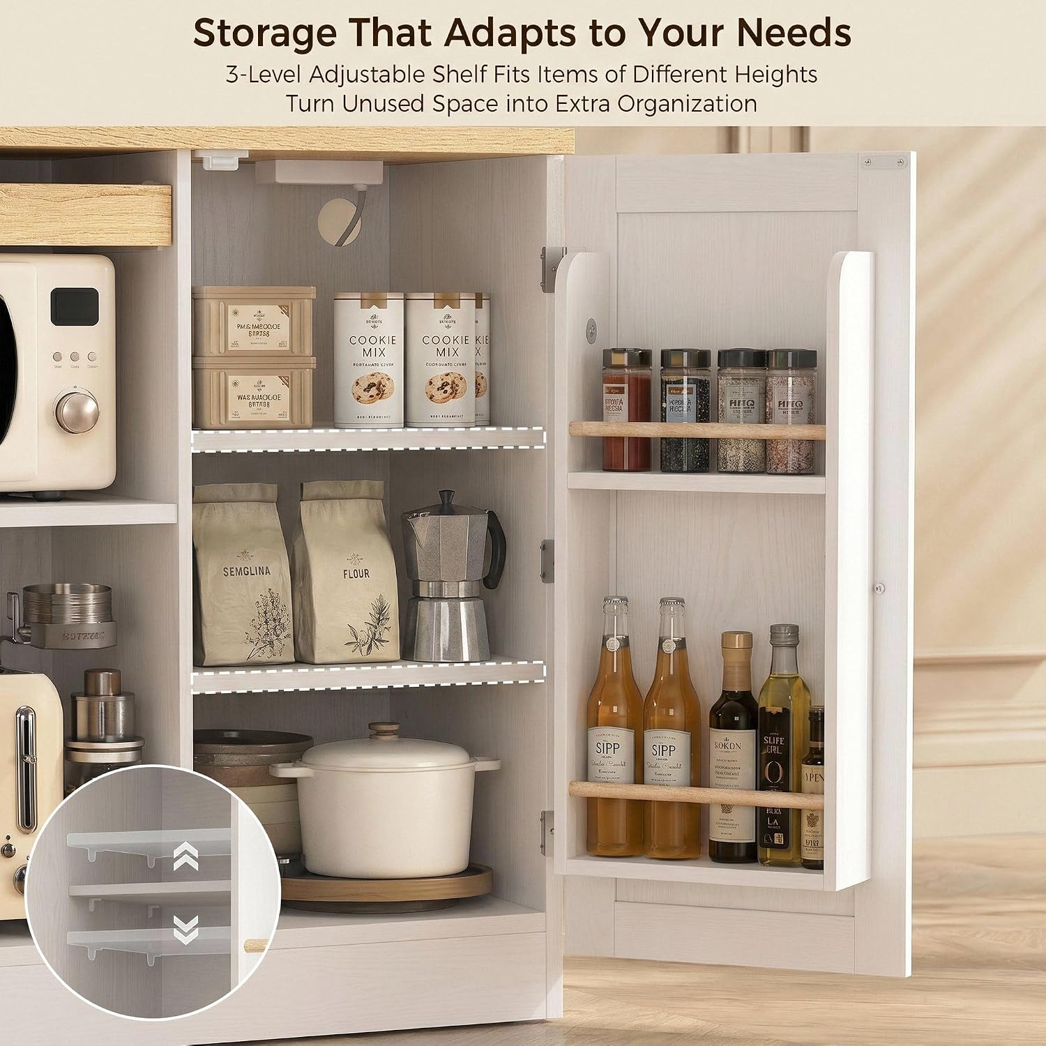 IRONCK Bakers Rack with Pull-Out Shelf and Power Outlet, White | Microwave Stand with Storage, Coffee Bar Cabinet with Adjustable Shelves, Barn Door Pantry Cabinet for Kitchen Dining Room