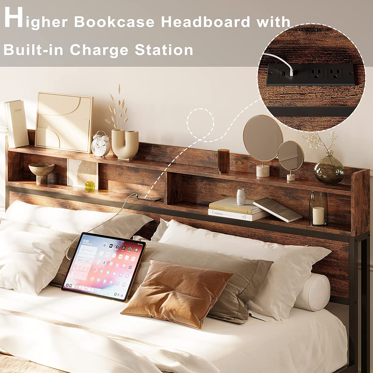 King headboard deals with shelves