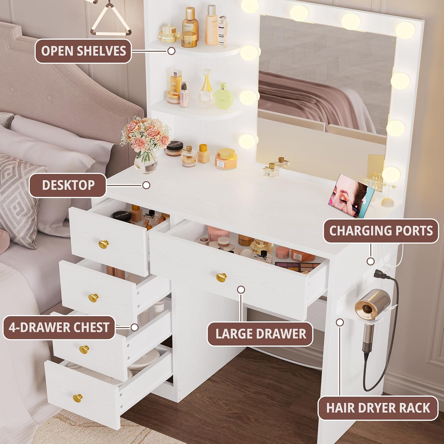 IRONCK Small Makeup Vanity Table with 5 Drawers, Power Outlet, and Vanity Stool