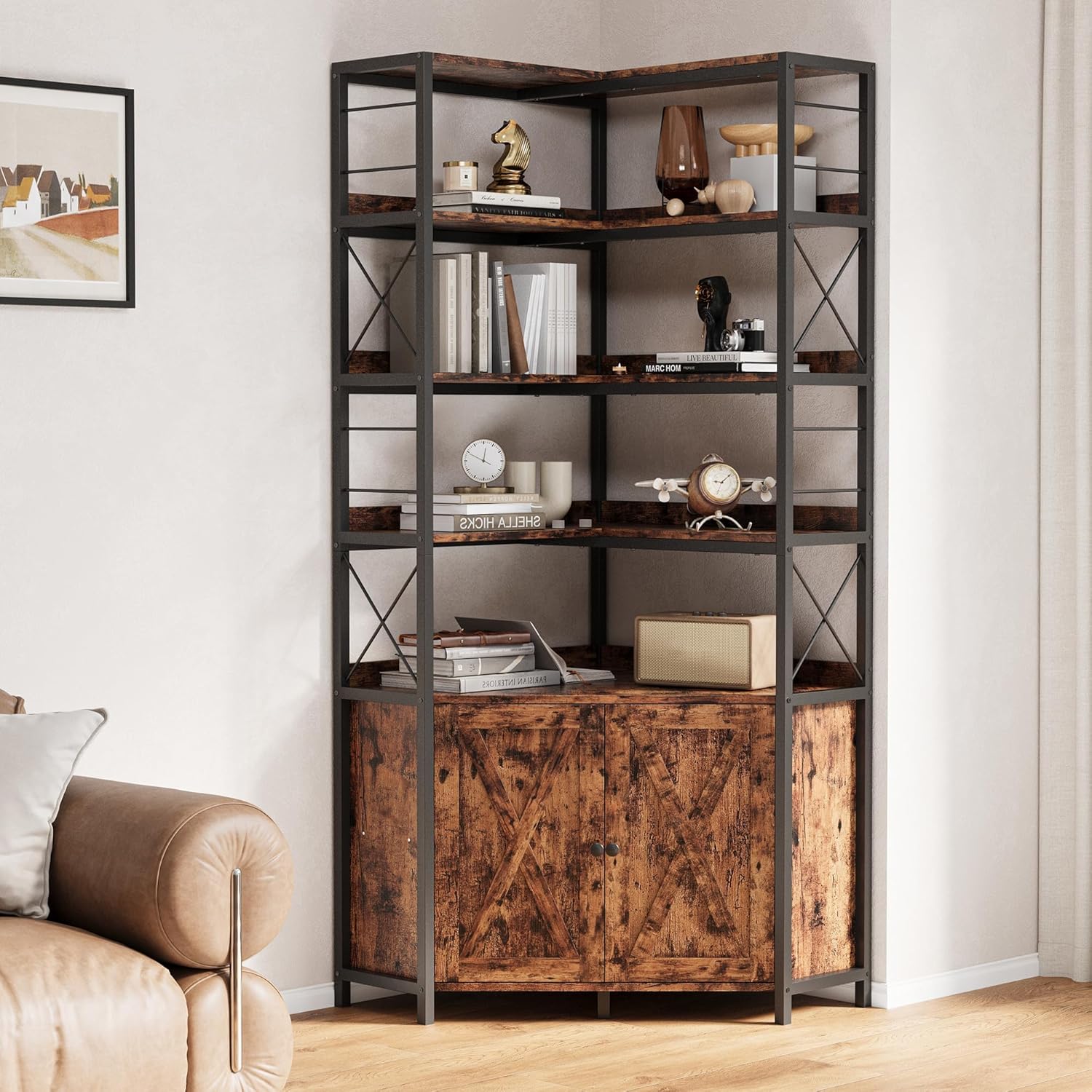 IRONCK Bookshelves 6 Tiers, Corner Bookshelf with Baffles, Industrial Display Bookshelf for Living Room, Kitchen