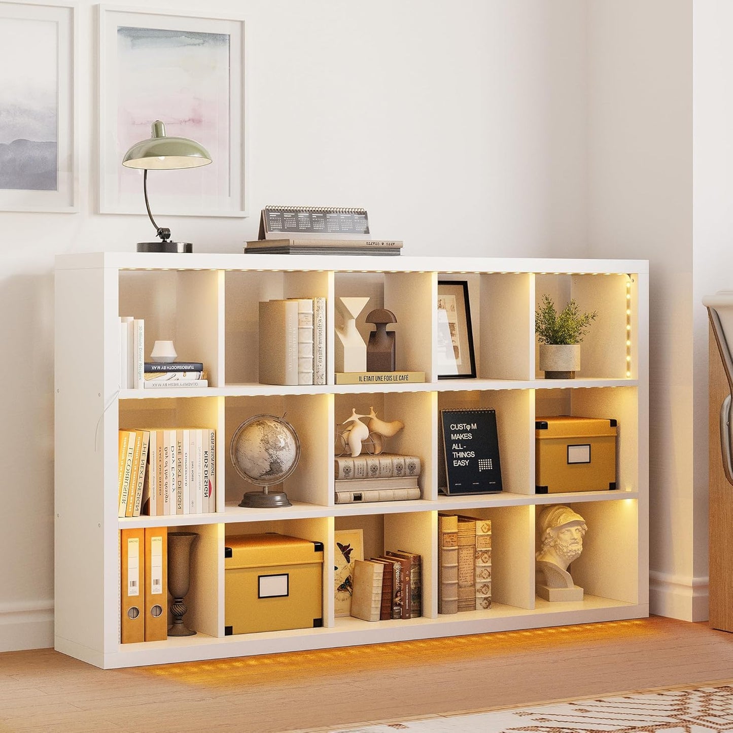 15-Cube Bookcase Organizer with LED Lights - 5-Tier Display Shelves, Versatile Use (White)