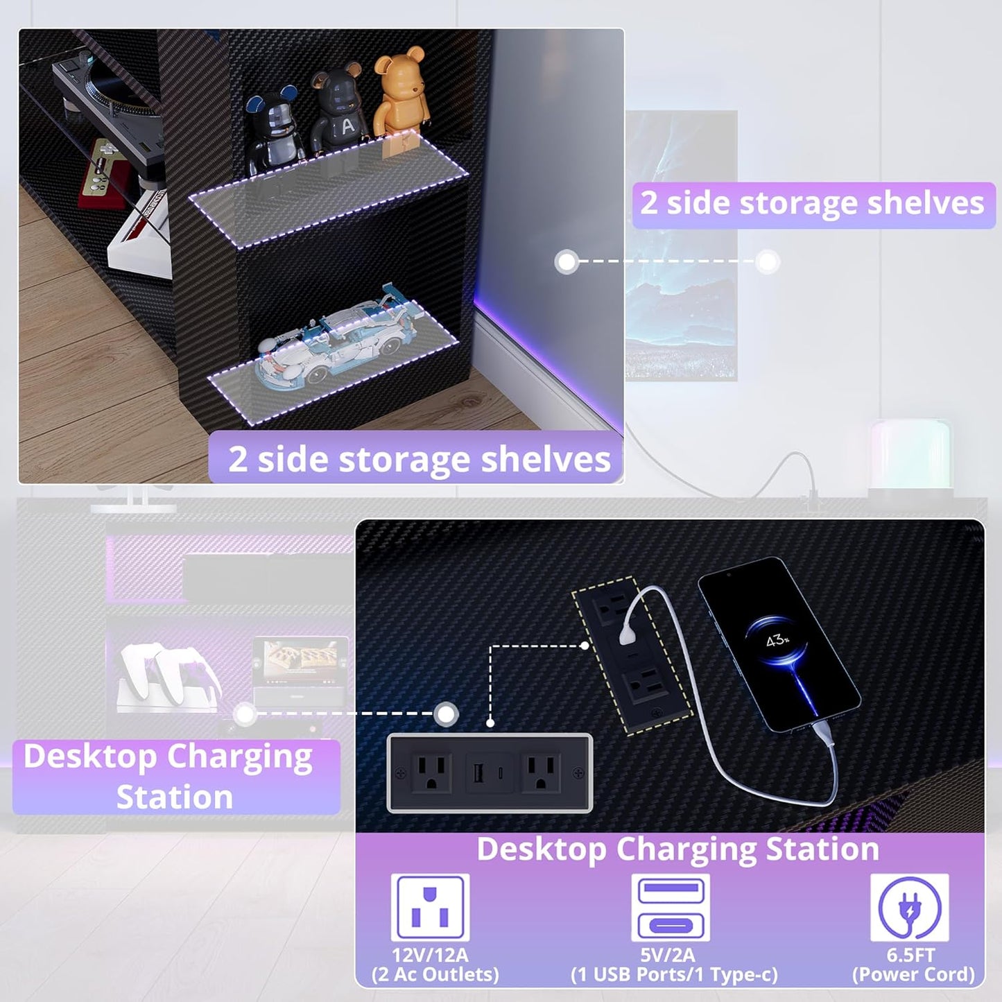 IRONCK Entertainment Center with LED Gaming TV Cabinet for PS4, Black