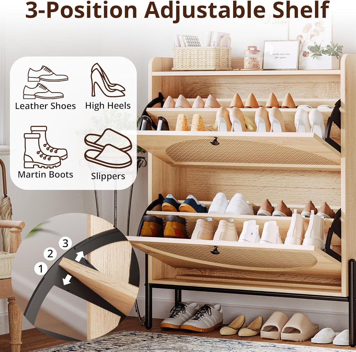 7 Furniture Shoe Cabinet Storage with 2 Flip Drawers, Free Standing Wooden Shoe Storage Organizer Cabinet with Rattan Doors for Entryway, Narrow Shoe Rack Cabinet, Oak