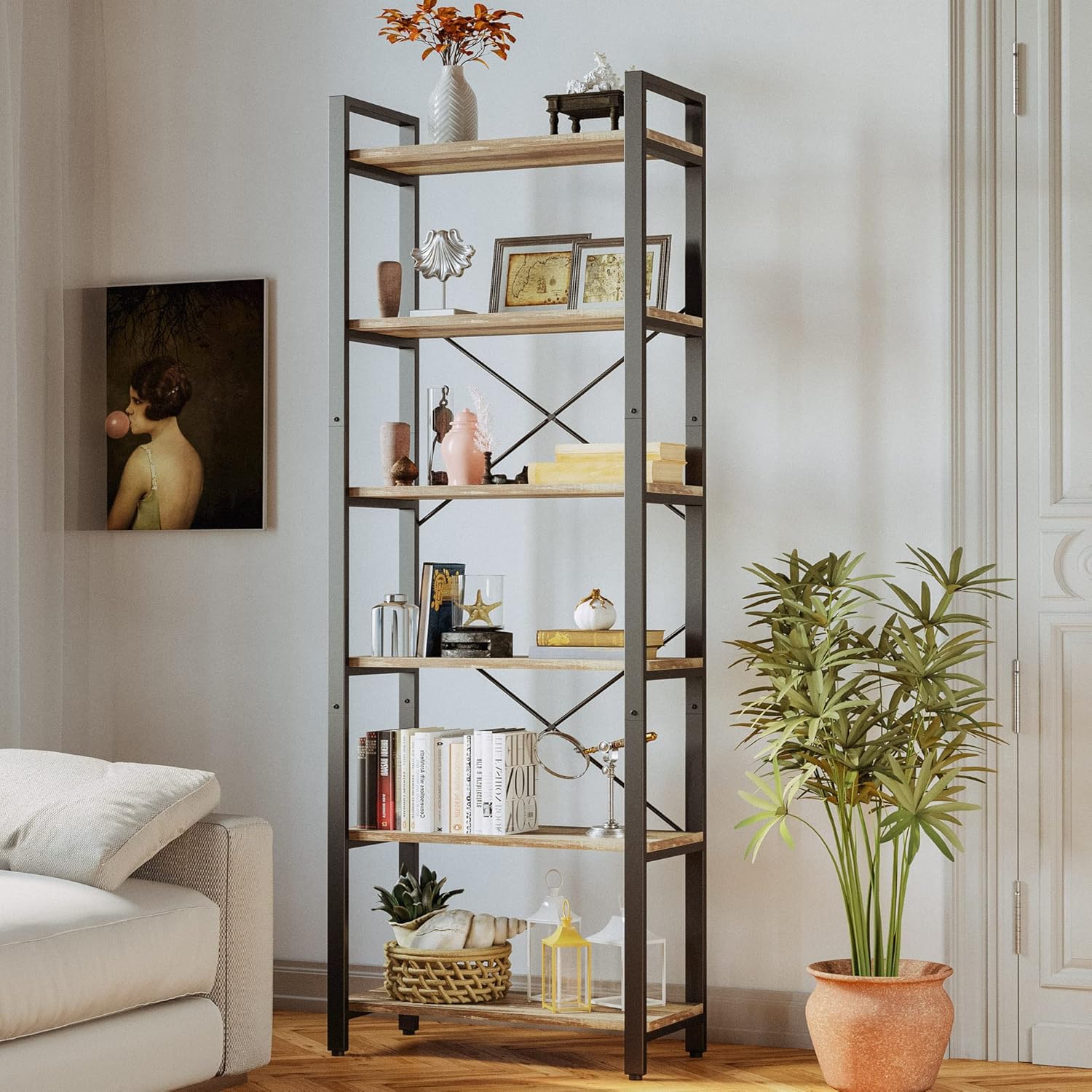 IRONCK Bookshelf 6-Tier Ladder Shelf 110lbs Display Shelf Vintage Industrial Style Bookcase for Home Office, Living Room