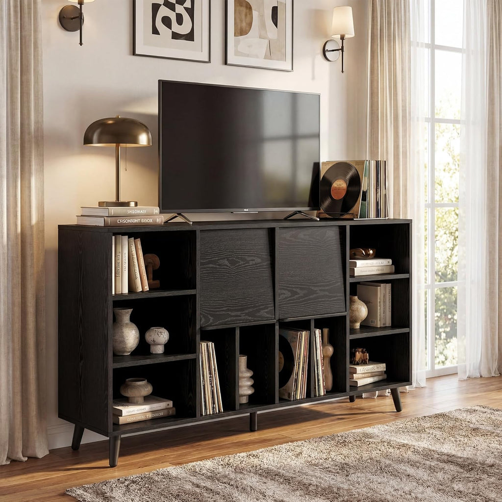 IRONCK Large Record Player Stand 55" with Charging Station, Black