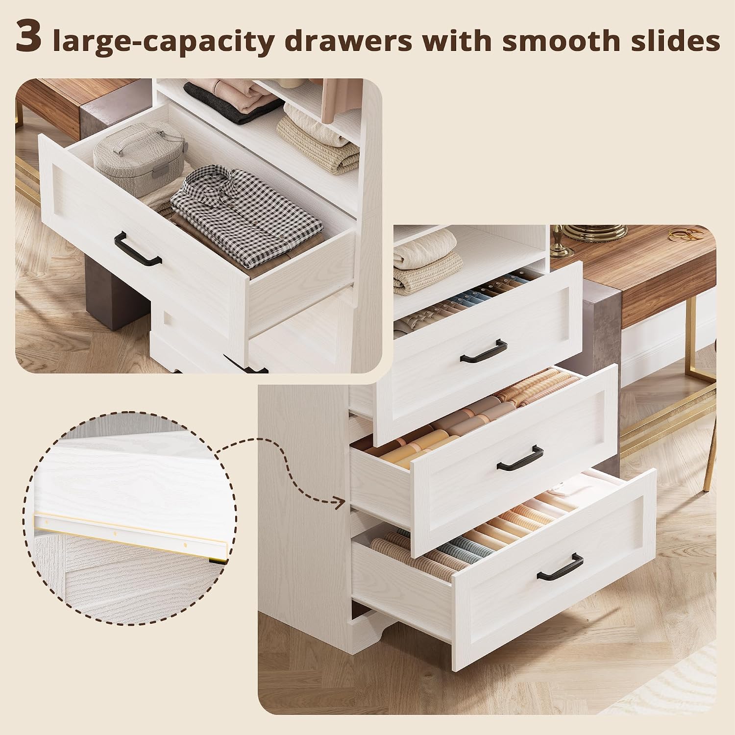 IRONCK Freestanding Closet System with Adjustable Shelves & 3 Drawers | Closet Organizer with Hanging Rod, Ideal for Bedrooms, Apartments and Small Closet Storage, 23.6" White