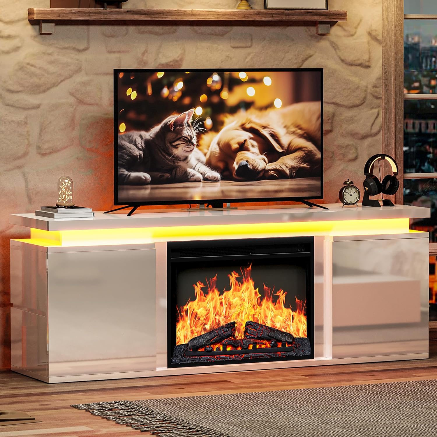 Ironck White Fireplace Tv Stand With