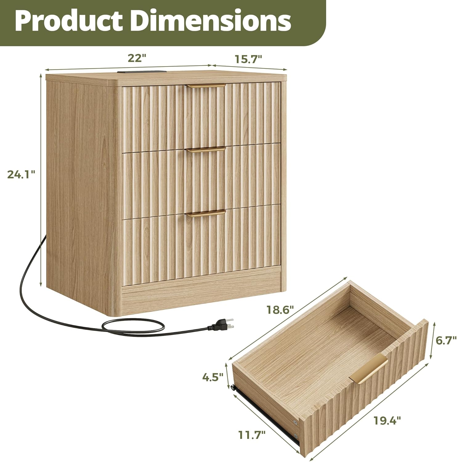 IRONCK 22" Fluted Night Stand Set of 2, with Charging Station