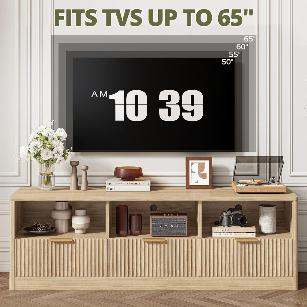 IRONCK 59" Fluted TV Stand for TVs Up to 65", Natural Oak