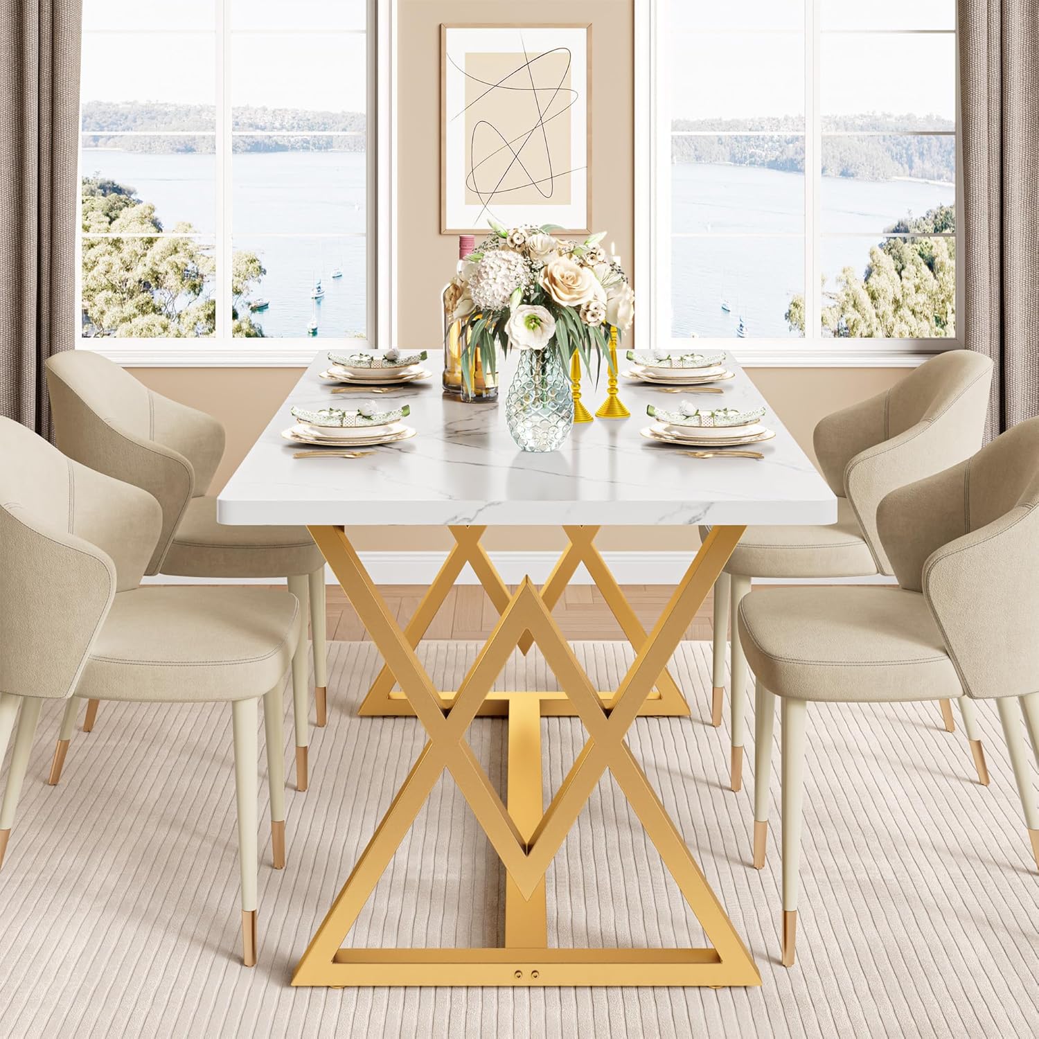 IRONCK 63" Dining Table for 4-6,  with Sturdy Metal Frame-White