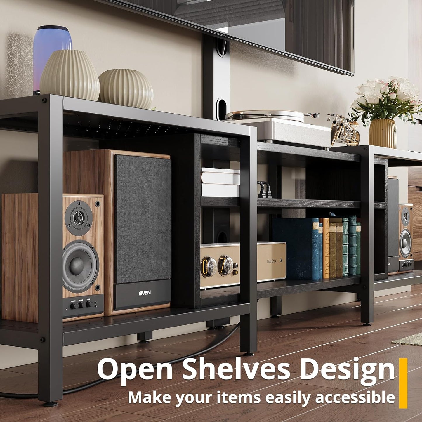 IRONCK 79 Inch TV Stand for TVs up to 85 Inch with Mount and Power Outlet, Black