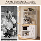 IRONCK Bakers Rack with Pull-Out Shelf and Power Outlet, White | Microwave Stand with Storage, Coffee Bar Cabinet with Adjustable Shelves, Barn Door Pantry Cabinet for Kitchen Dining Room