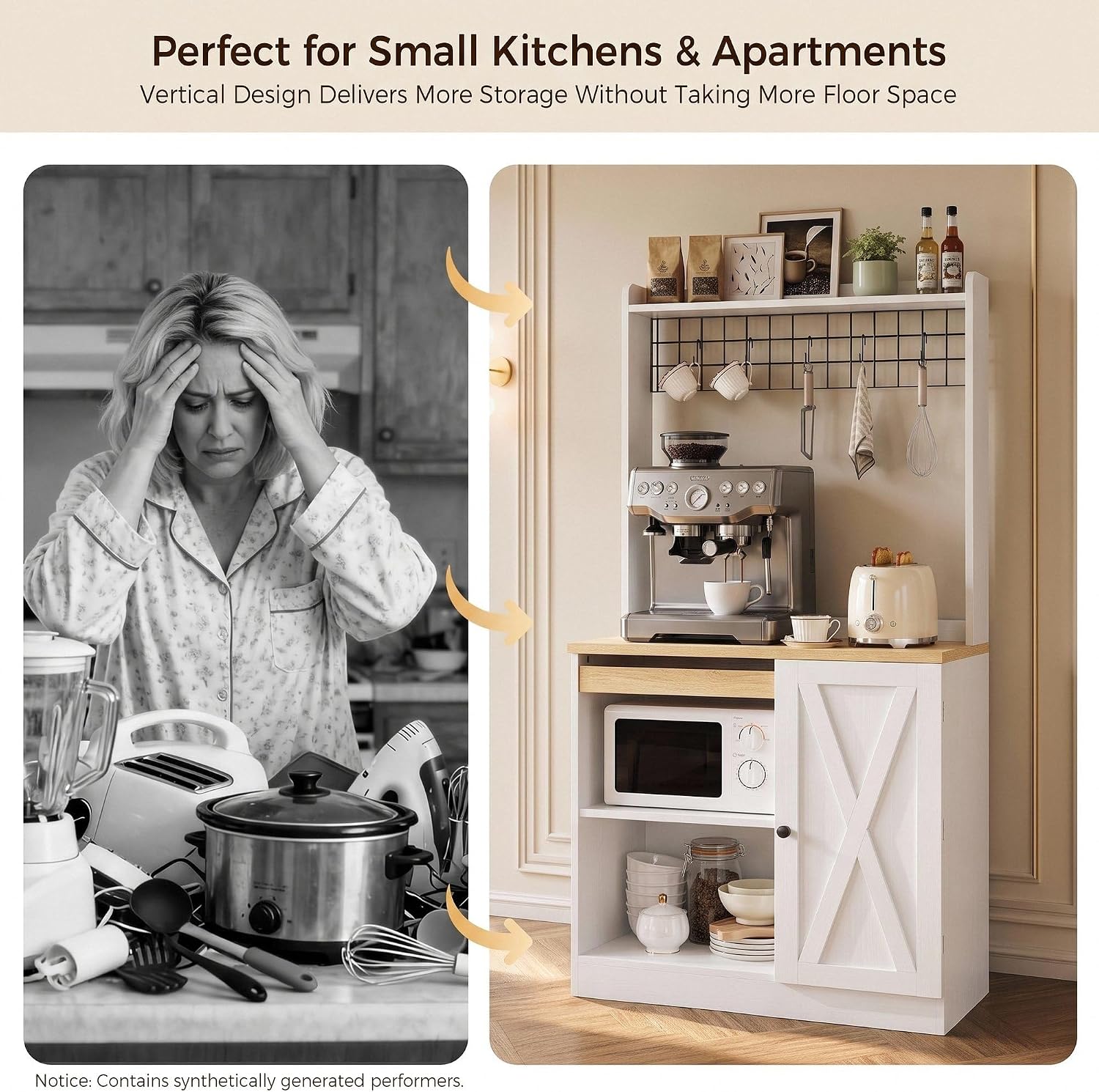 IRONCK Bakers Rack with Pull-Out Shelf and Power Outlet, White | Microwave Stand with Storage, Coffee Bar Cabinet with Adjustable Shelves, Barn Door Pantry Cabinet for Kitchen Dining Room