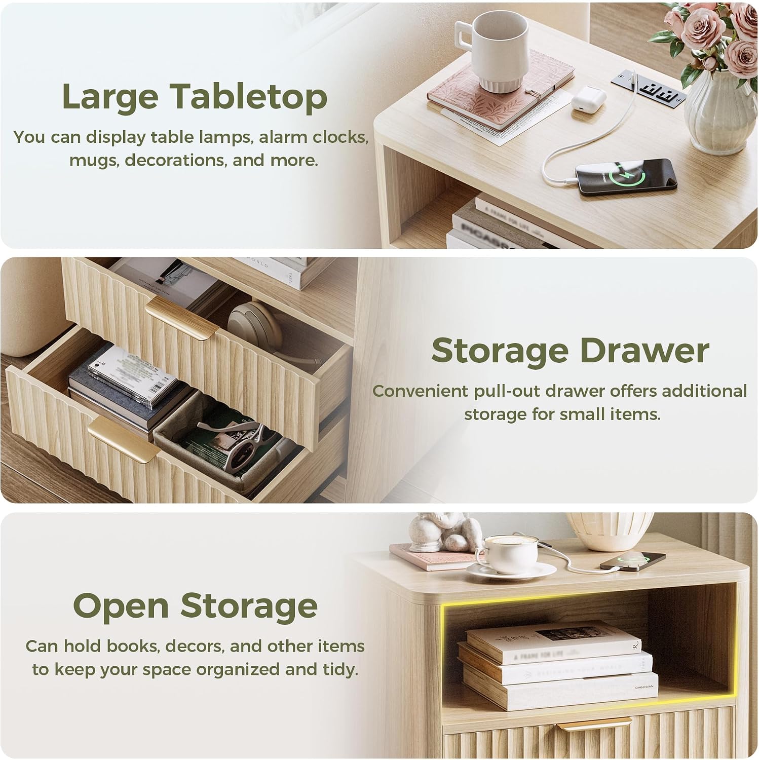 IRONCK Fluted Night Stand Set of 2, with Charging Station, Drawers and Open Shelves, Oak