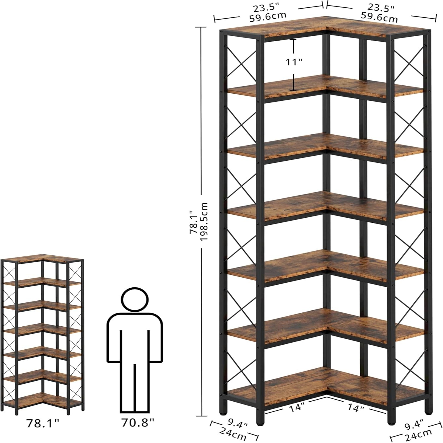 IRONCK 7-Tier Industrial Metal Frame Corner Bookshelf, Vintage Brown