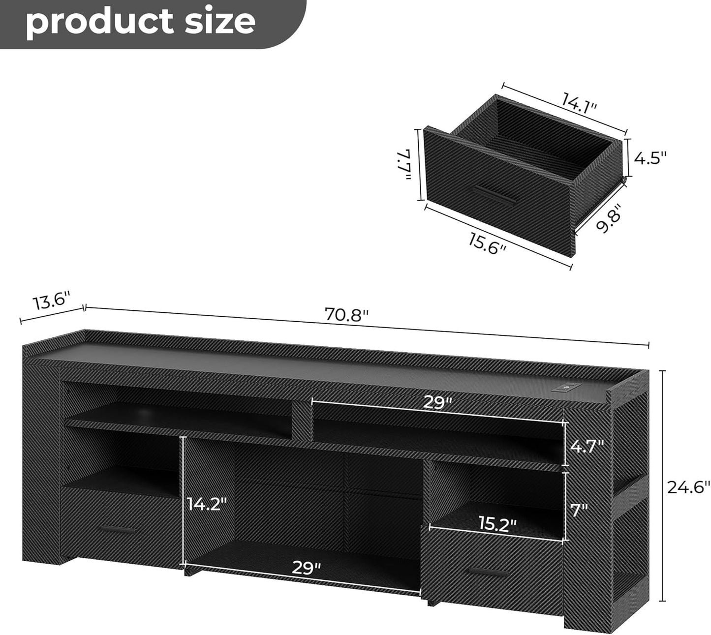 IRONCK TV Stand for 75 Inch TV, Carbon Fiber Entertainment Center with 2 Drawers