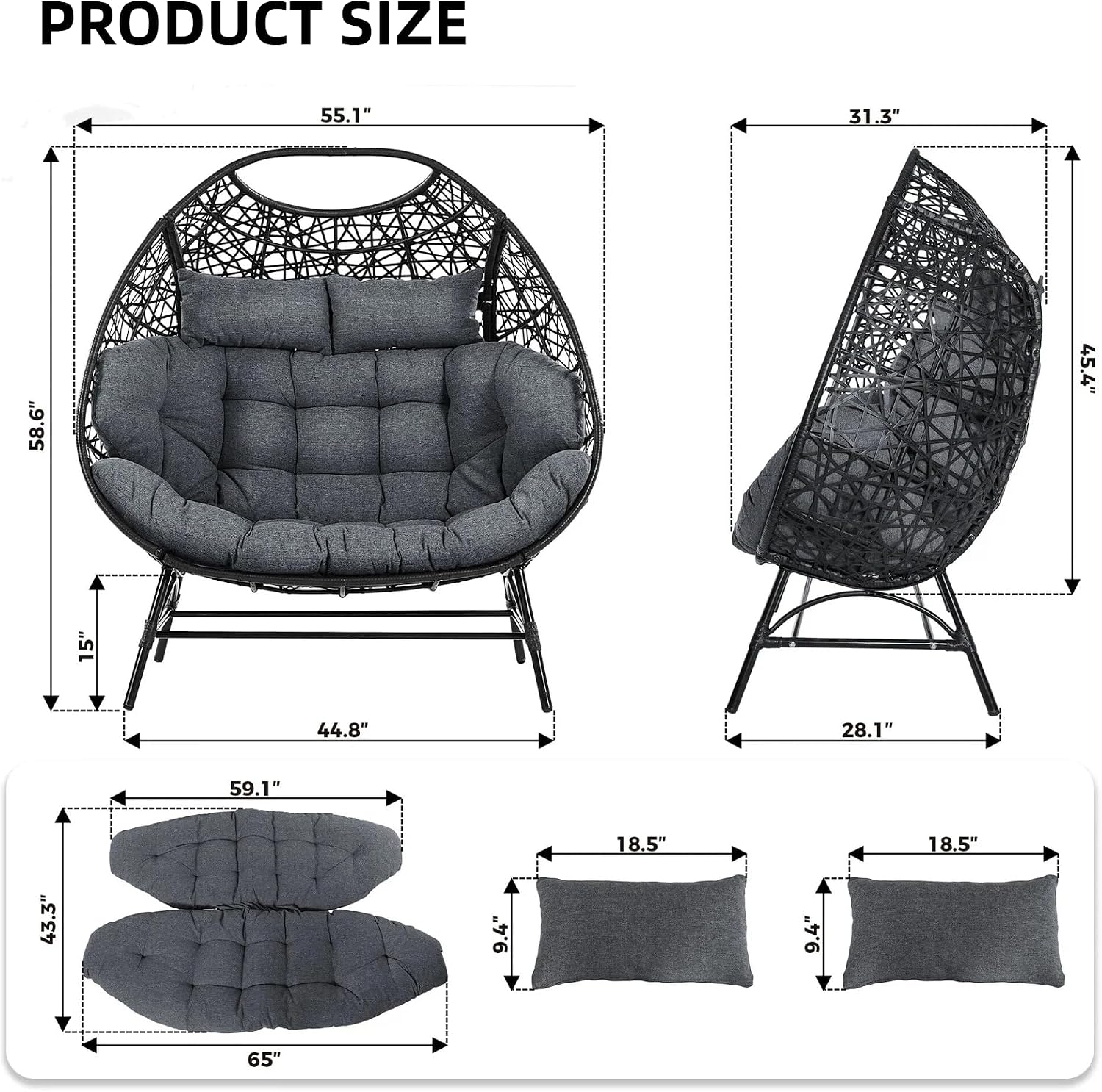 IRONCK Patio Double Egg Chair Outdoor, Oversized Egg Chair for Outside, Extra Large Cushions, Upgraded Frame, 700 Lbs, 2 Person Seat for Poolside, Balcony, Indoor, Black