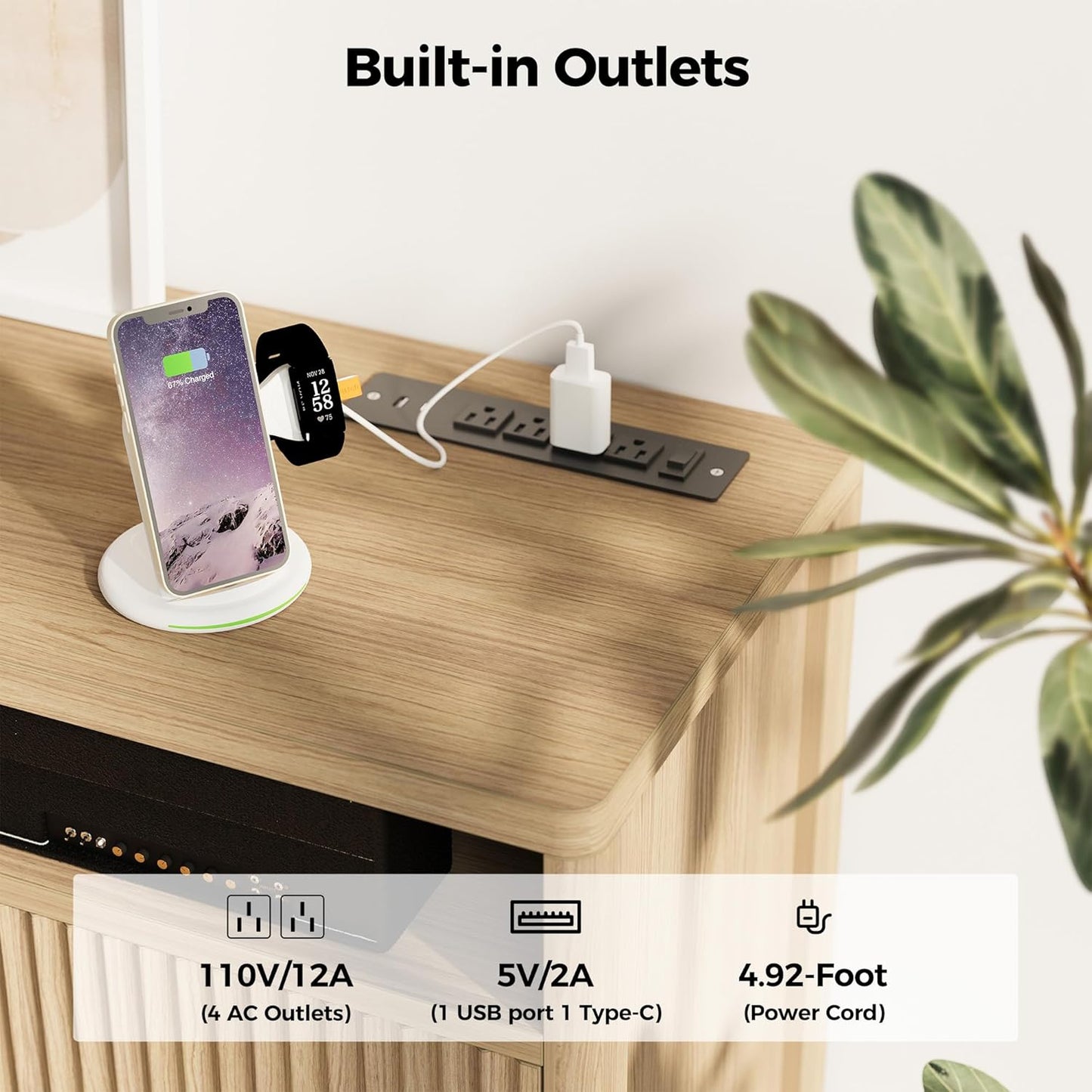 IRONCK TV Stand for 65 Inch TV, 59 Inch Entertainment Center with Storage and Charging Station, Modern Media Console with 3 Adjustable Shelf, Fluted Doors Design, Natural Oak