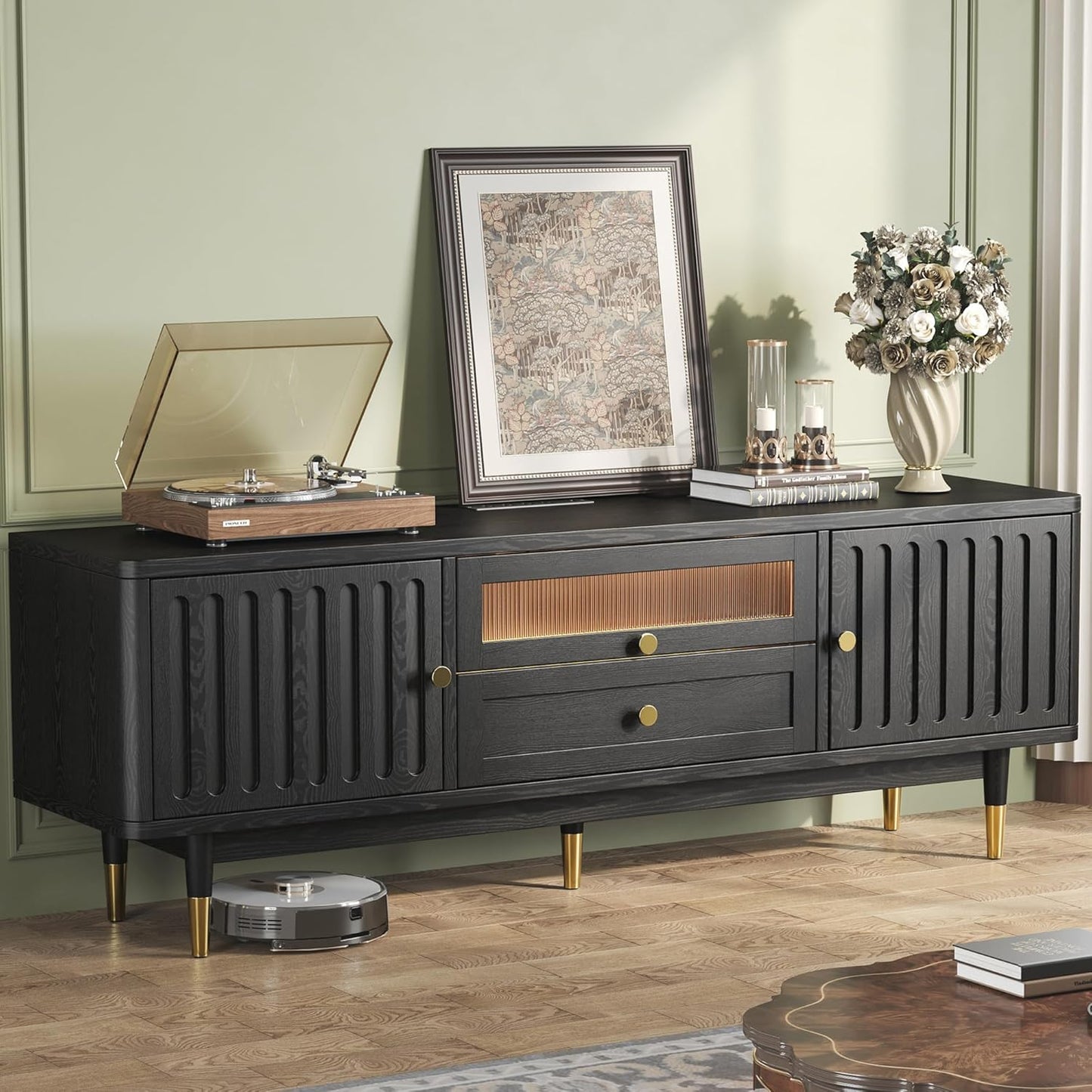 IRONCK TV Stand for 70 Inch TV, LED Lighting and Charging Station, Walnut