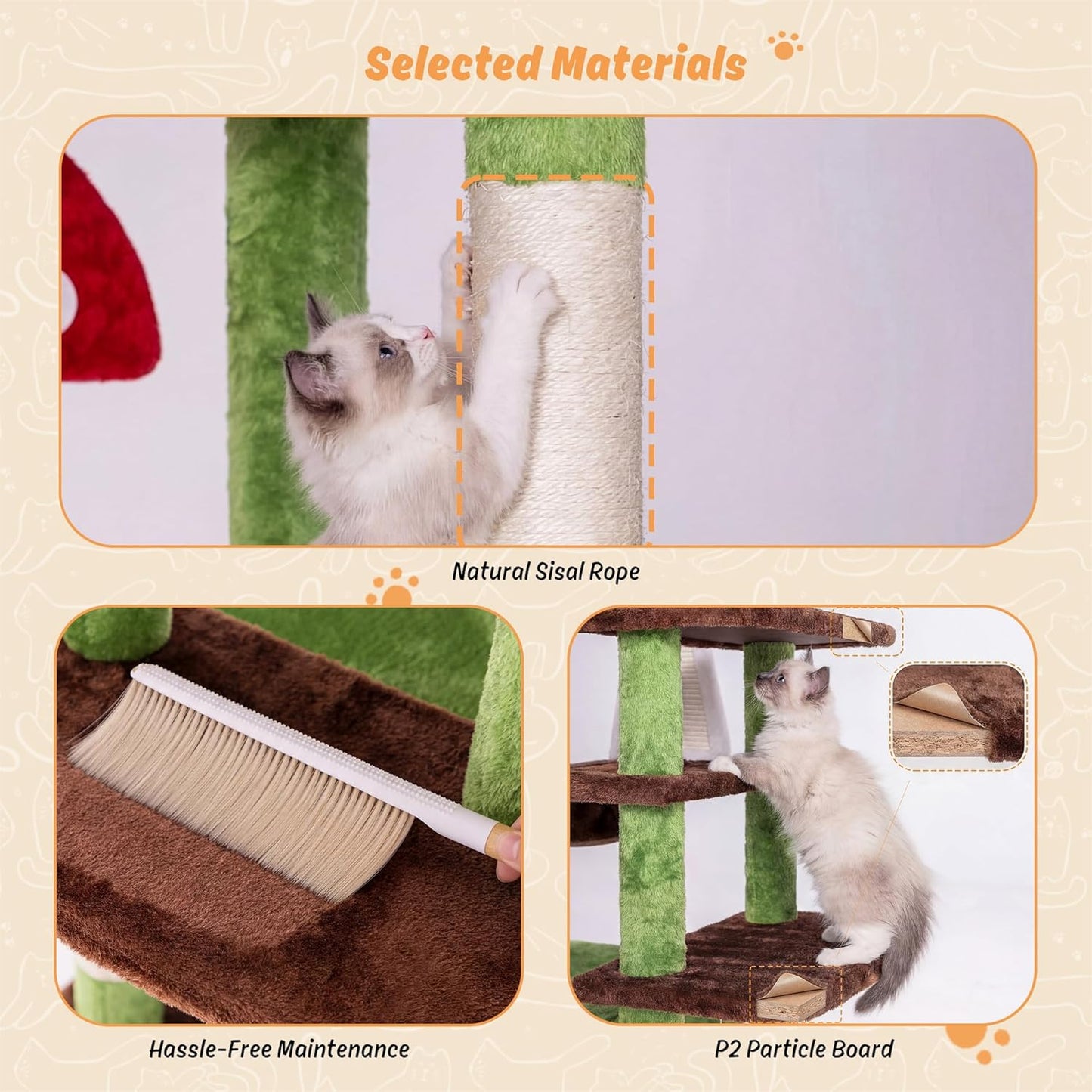 7 Furniture Mushroom Cat Tree for Indoor Cats, 58" Multi-Level Cat Tower with Scratching Posts, Anti-Tip Extra Wide Base, Plush Cat Condo & Hammock Furniture for Cats, Easy Assembly