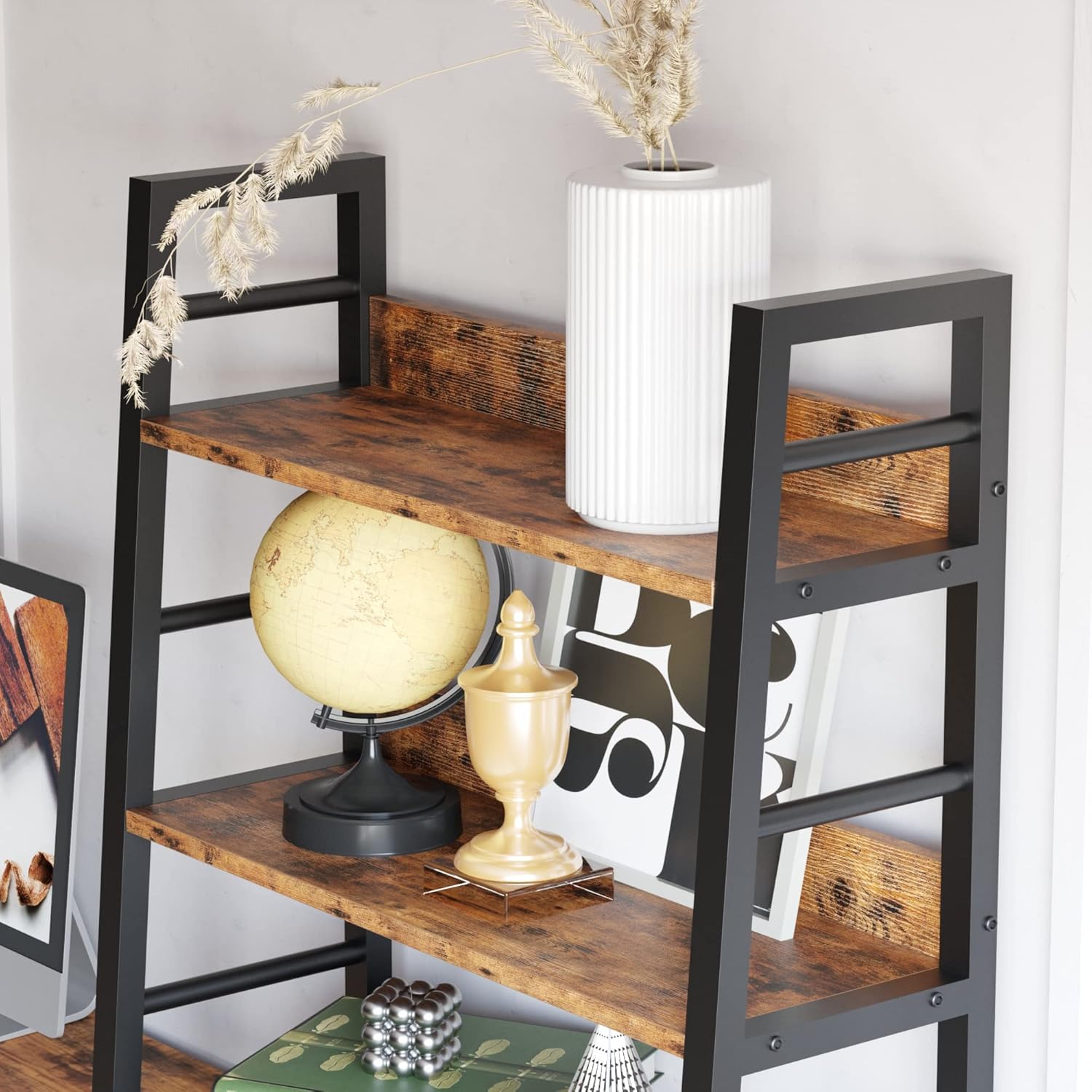IRONCK 4-Tier Ladder Bookshelf with Louvered Doors, Rustic Brown