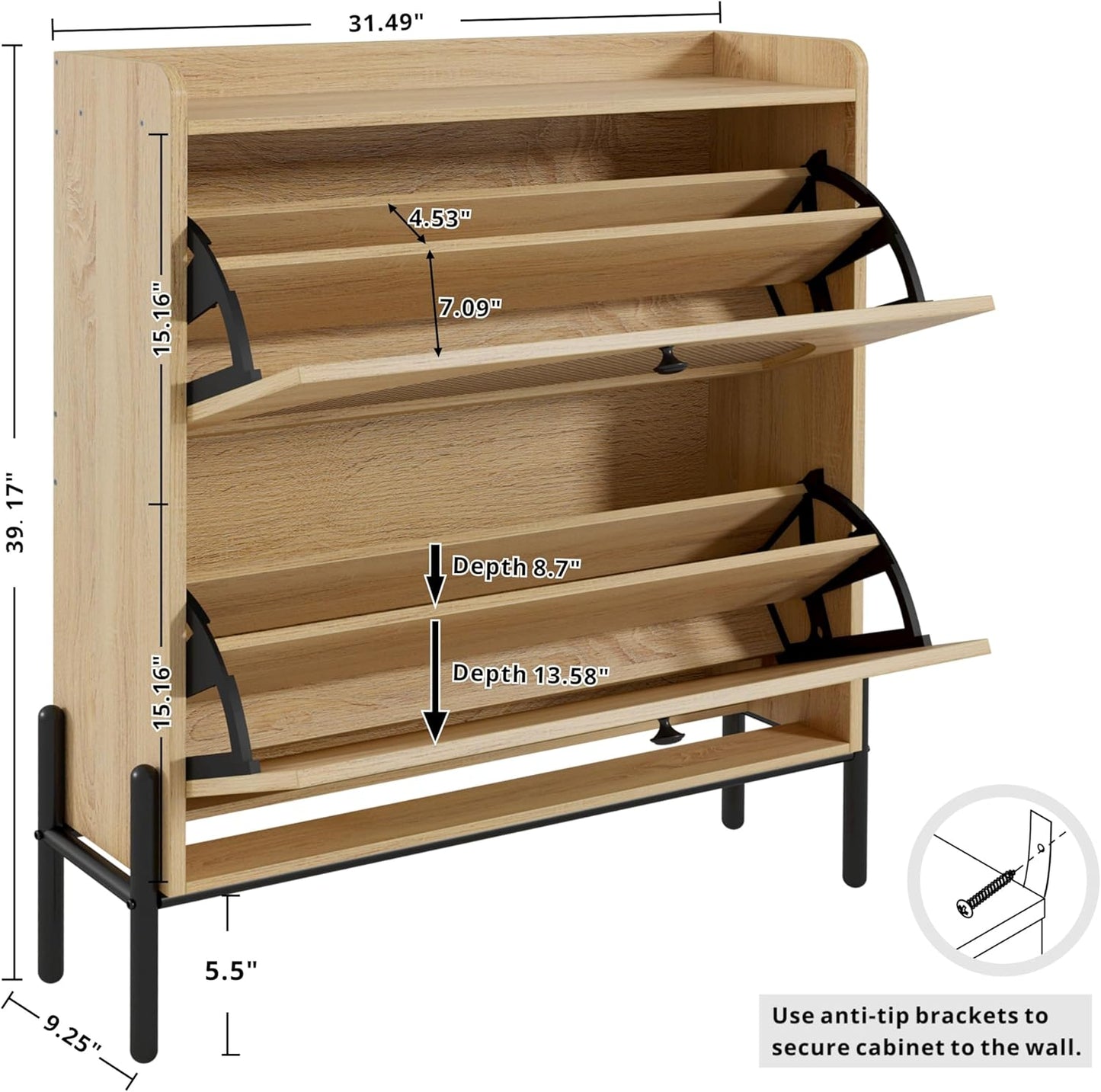 7 Furniture Shoe Cabinet Storage with 2 Flip Drawers, Free Standing Wooden Shoe Storage Organizer Cabinet with Rattan Doors for Entryway, Narrow Shoe Rack Cabinet, Oak