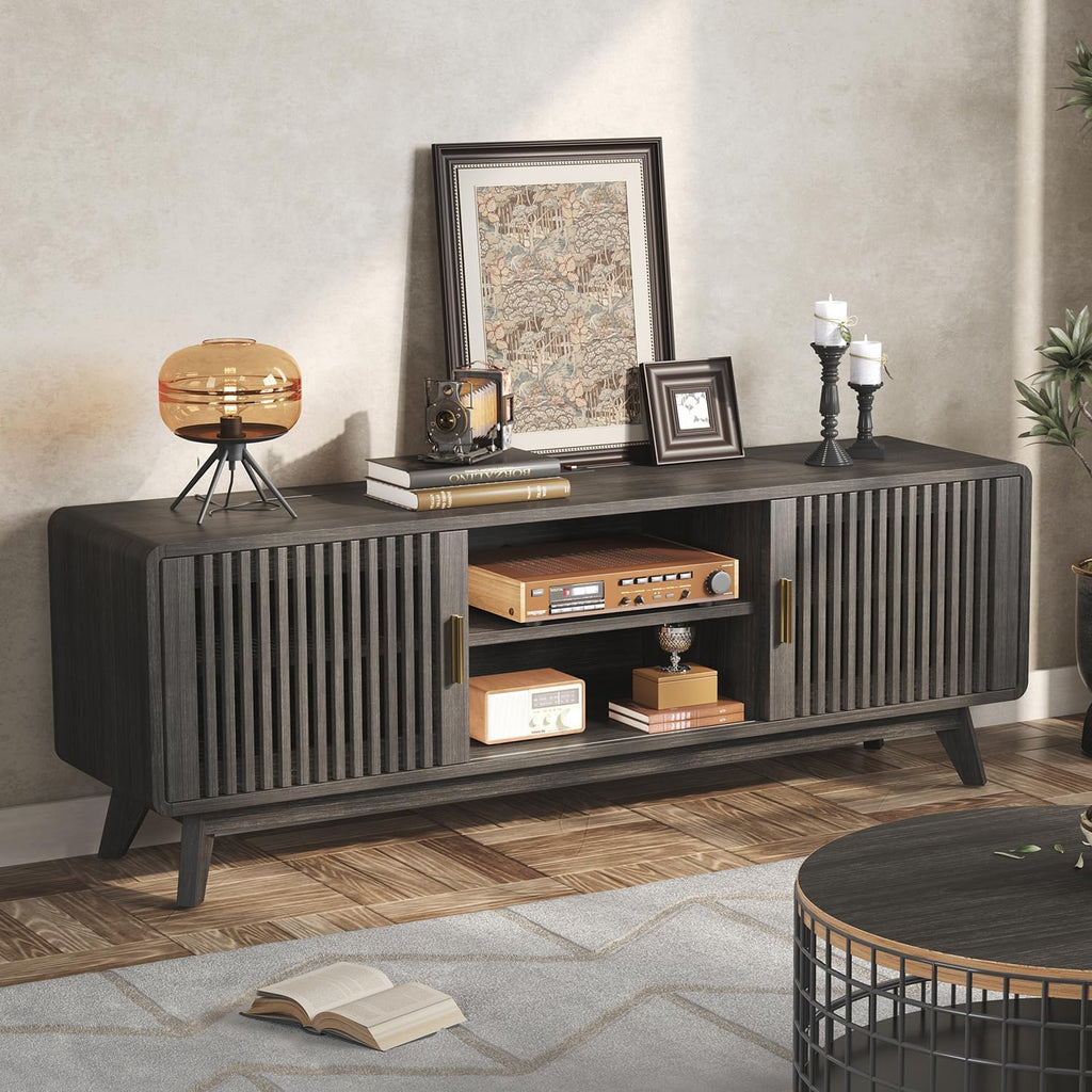 IRONCK 63'' TV Stand with 2 Sliding Door Grey Walnut