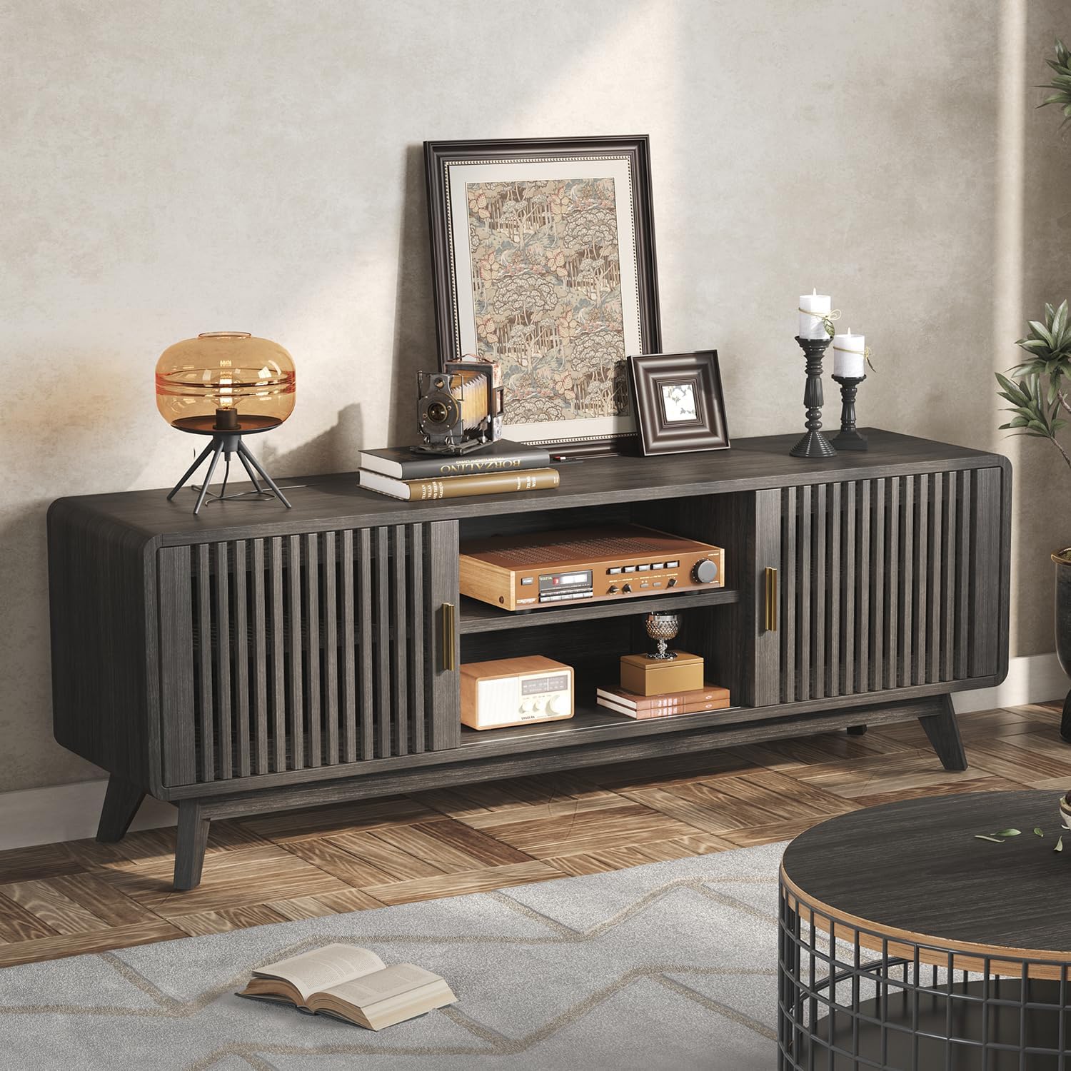 IRONCK 63'' TV Stand with 2 Sliding Door Grey Walnut
