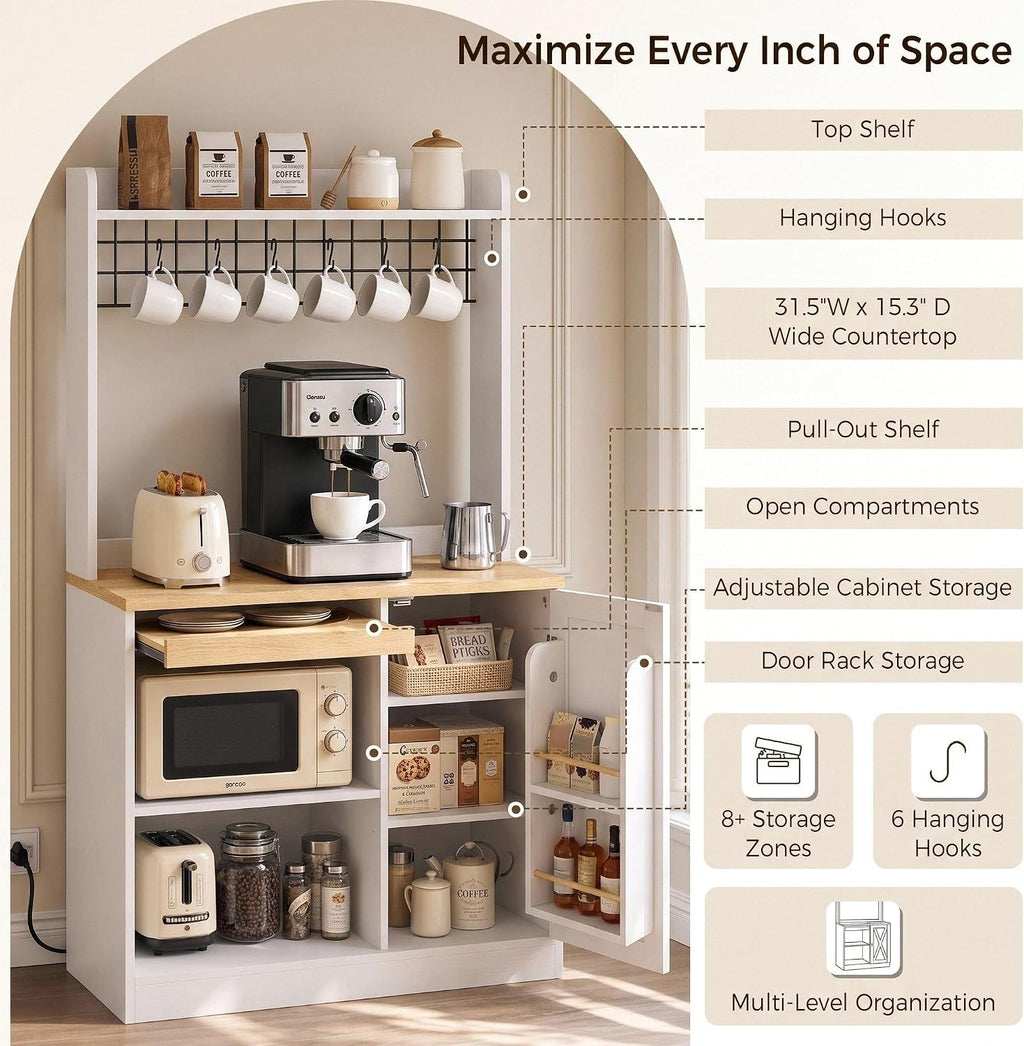 IRONCK Bakers Rack with Pull-Out Shelf and Power Outlet, White | Microwave Stand with Storage, Coffee Bar Cabinet with Adjustable Shelves, Barn Door Pantry Cabinet for Kitchen Dining Room
