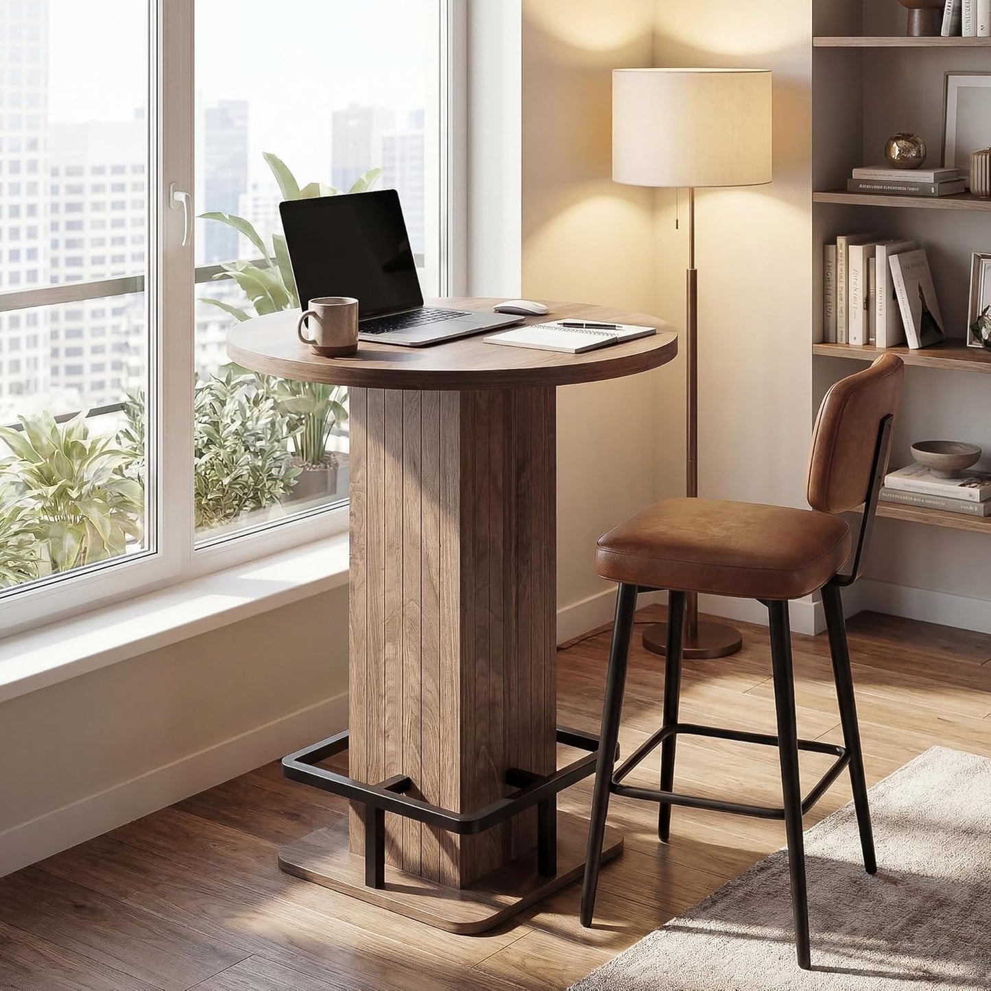 IRONCK 39.4" H Wood Bistro Pub Table with Metal Ring Footrest, Brown(Only Table)