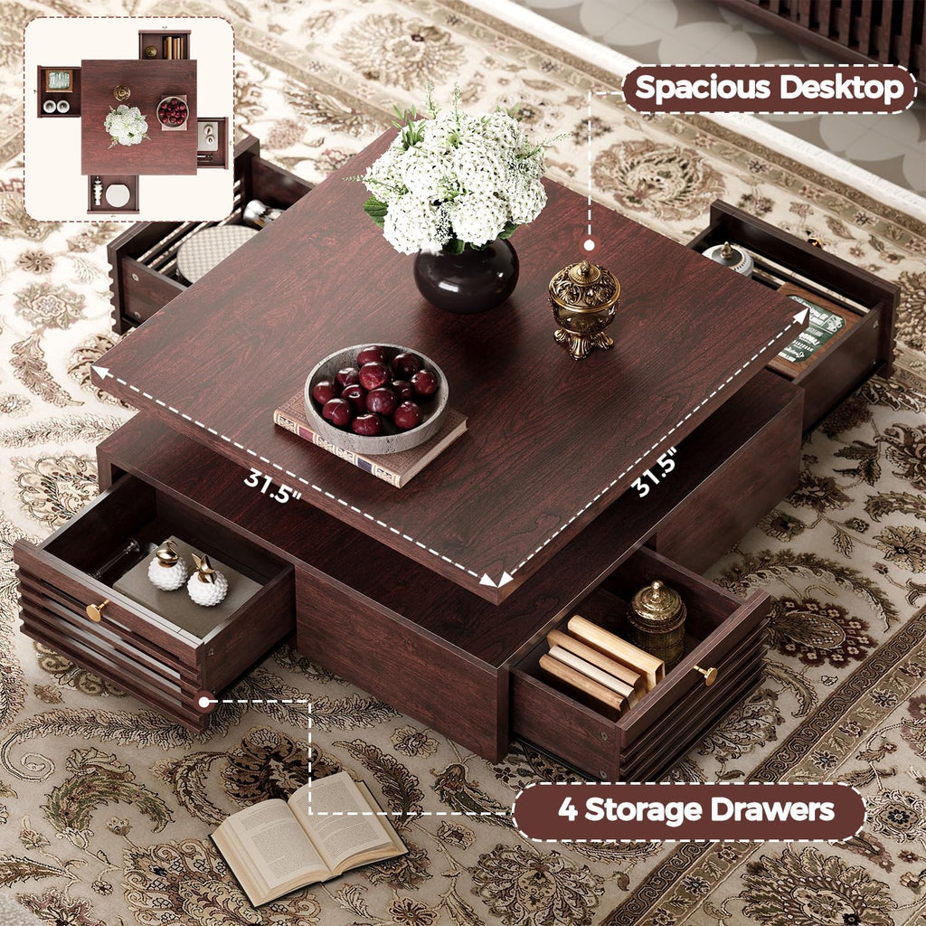 IRONCK Coffee Table with LED Light and Charging Station, 4 Storage Drawers