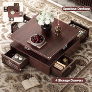 IRONCK Coffee Table with LED Light and Charging Station, 4 Storage Drawers with Grille Design, Square Coffee Table for Living Room Office Reception Room (Walnut)