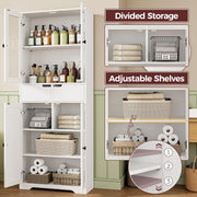 IRONCK 67" Tall Bathroom Storage Cabinet, with Glass Doors and Shelves,  White