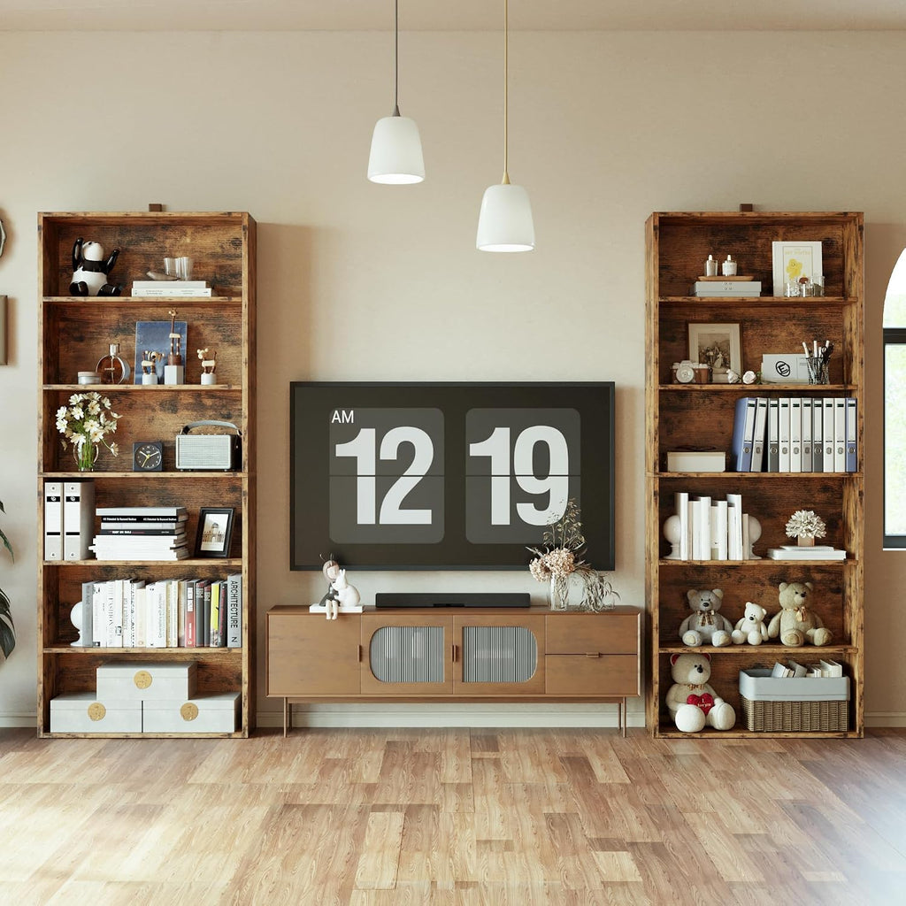IRONCK Bookshelf and Bookcases 70" Tall, 6 Tiers Display Storage Shelves | Bookshelves Set of 2, Wood Bookcase with Open Display Shelves for Home Office, Living Room, Library, Vintage Brown