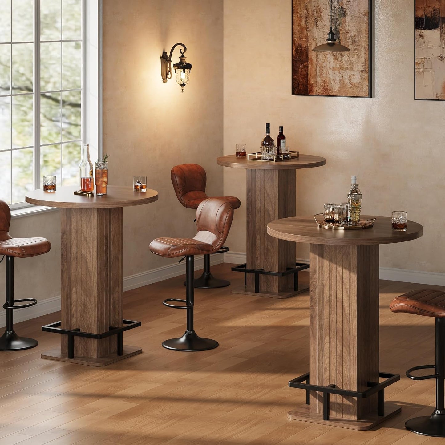 IRONCK 39.4" H Wood Bistro Pub Table with Metal Ring Footrest, Brown(Only Table)