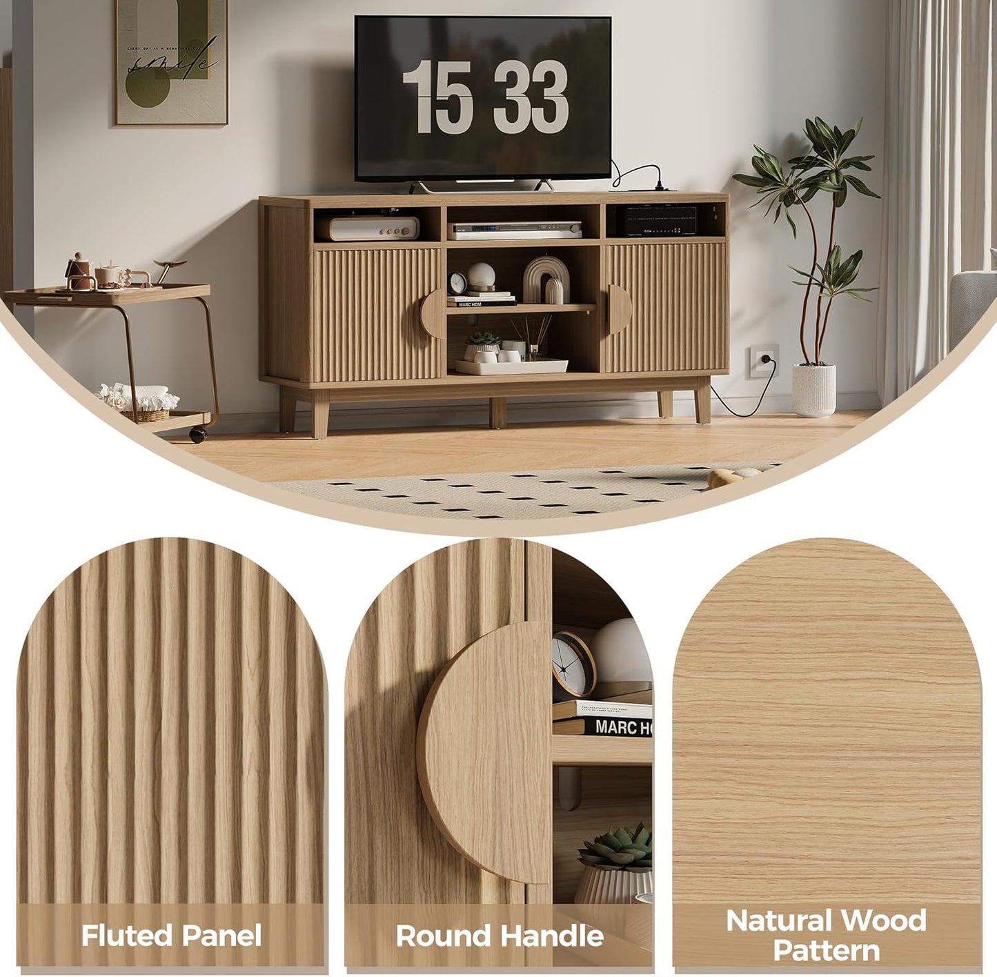 IRONCK TV Stand for 65 Inch TV, 59 Inch Entertainment Center with Storage and Charging Station, Modern Media Console with 3 Adjustable Shelf, Fluted Doors Design, Natural Oak