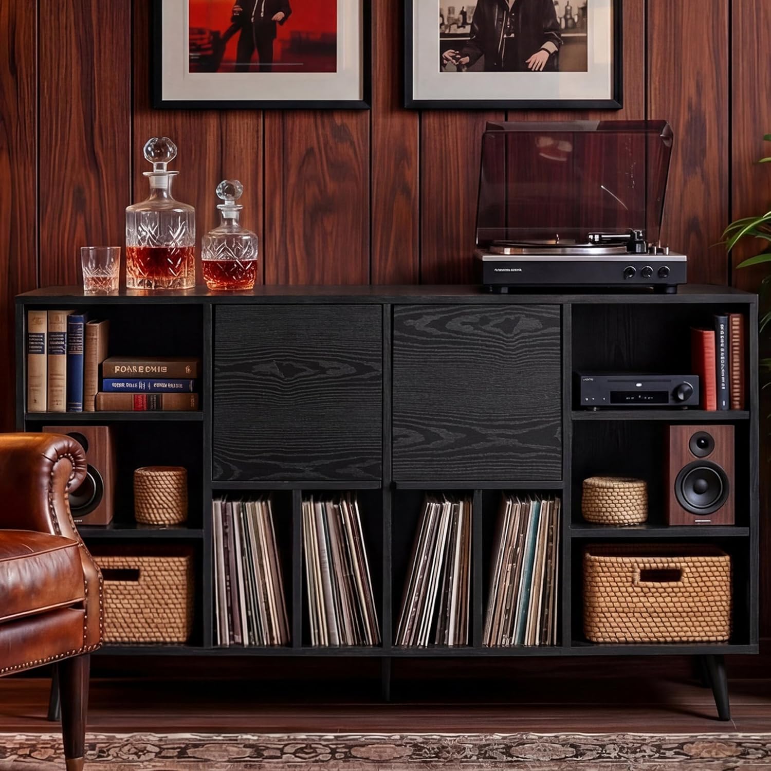 IRONCK Large Record Player Stand 55" with Charging Station, Black