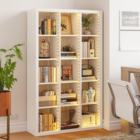 15-Cube Bookcase Organizer with LED Lights - 5-Tier Display Shelves, Versatile Use (White)