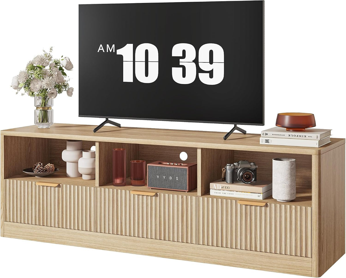 IRONCK 59" Fluted TV Stand for TVs Up to 65", Natural Oak